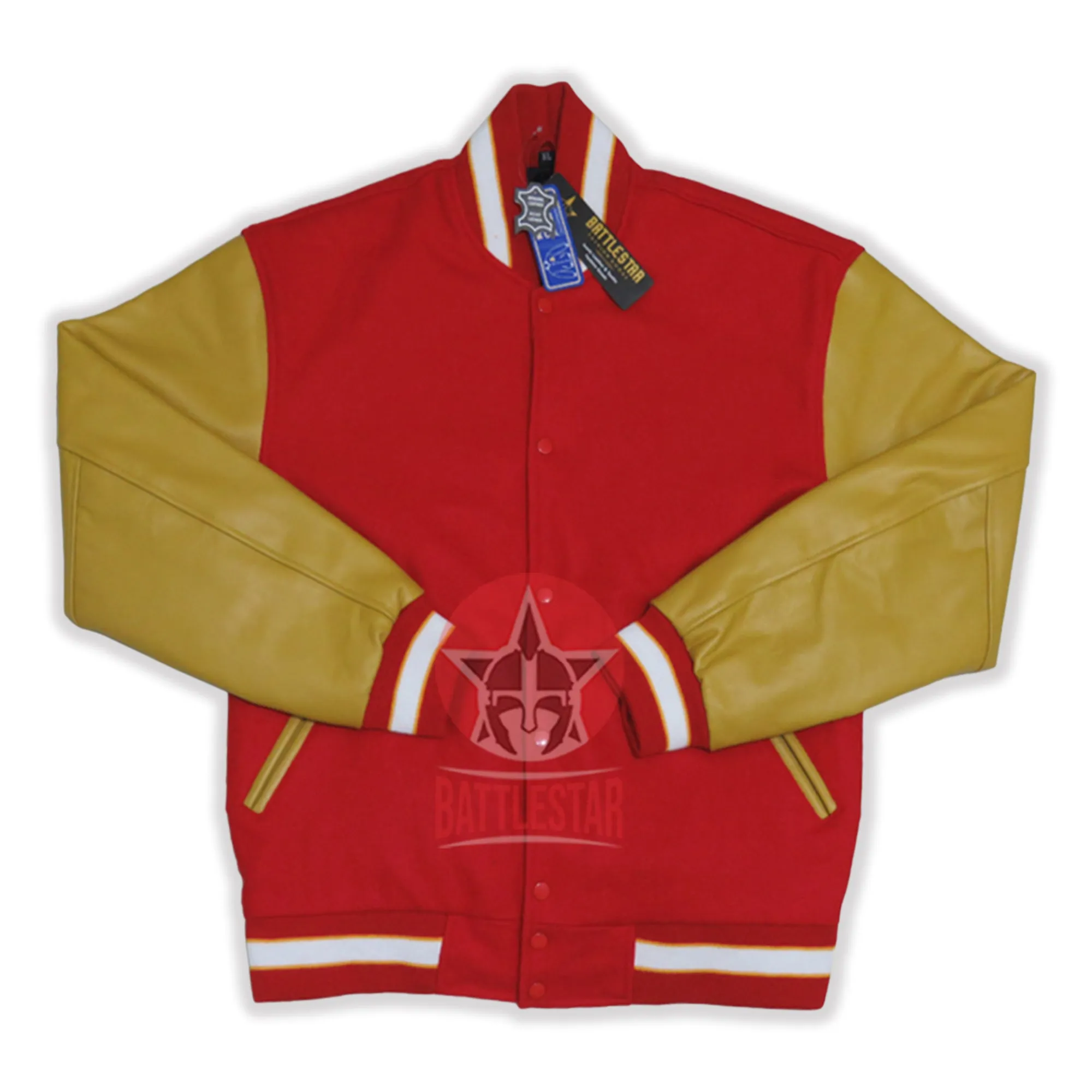 Red Wool Gold Yellow Leather Sleeves Varsity Jacket