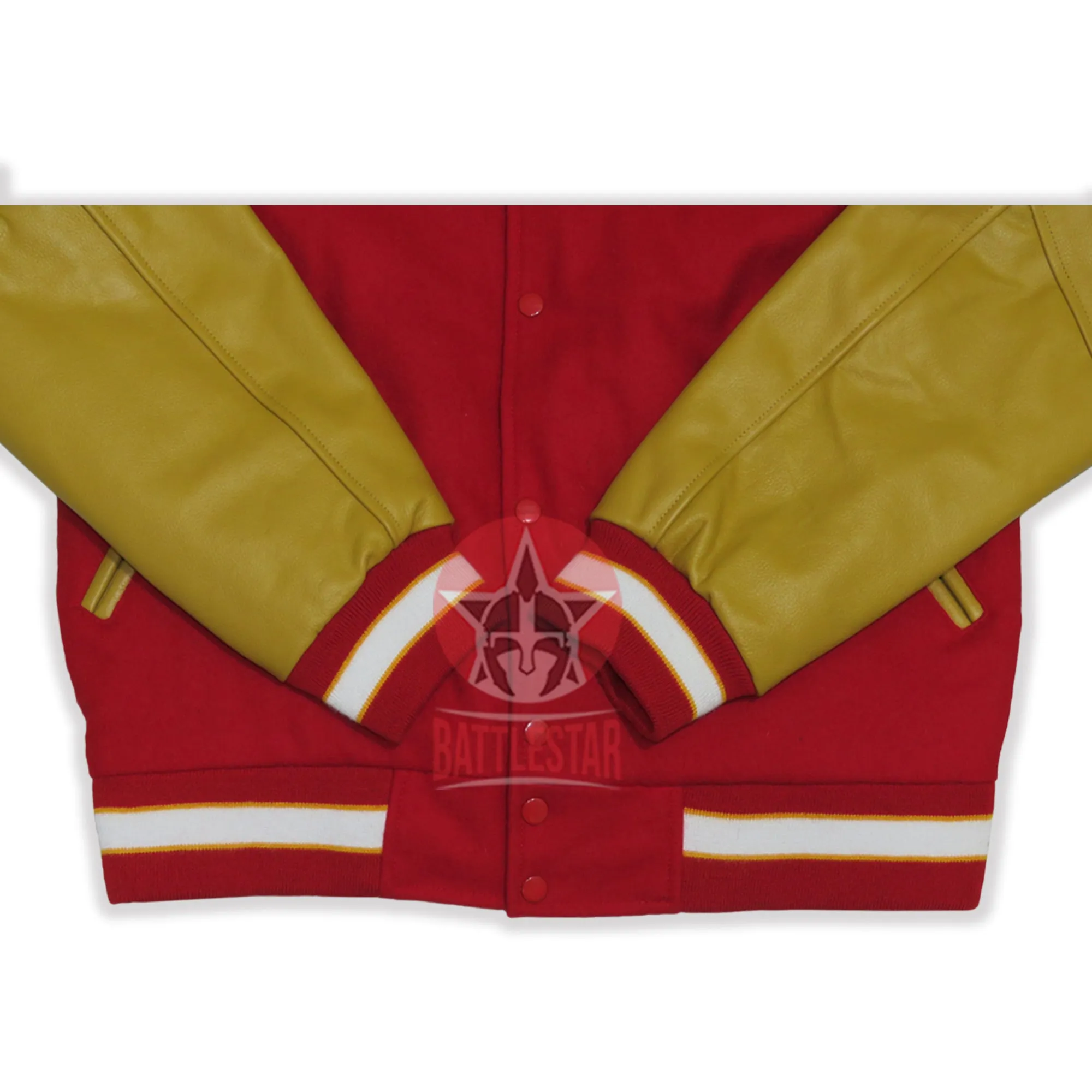 Red Wool Gold Yellow Leather Sleeves Varsity Jacket