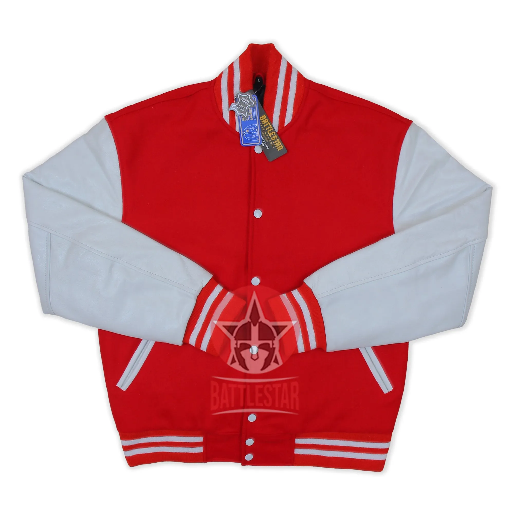 Red Wool White Leather Sleeves Varsity Jacket