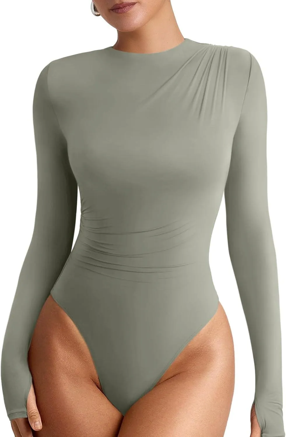 Refined Contour Ruched Bodysuit with Thumbholes