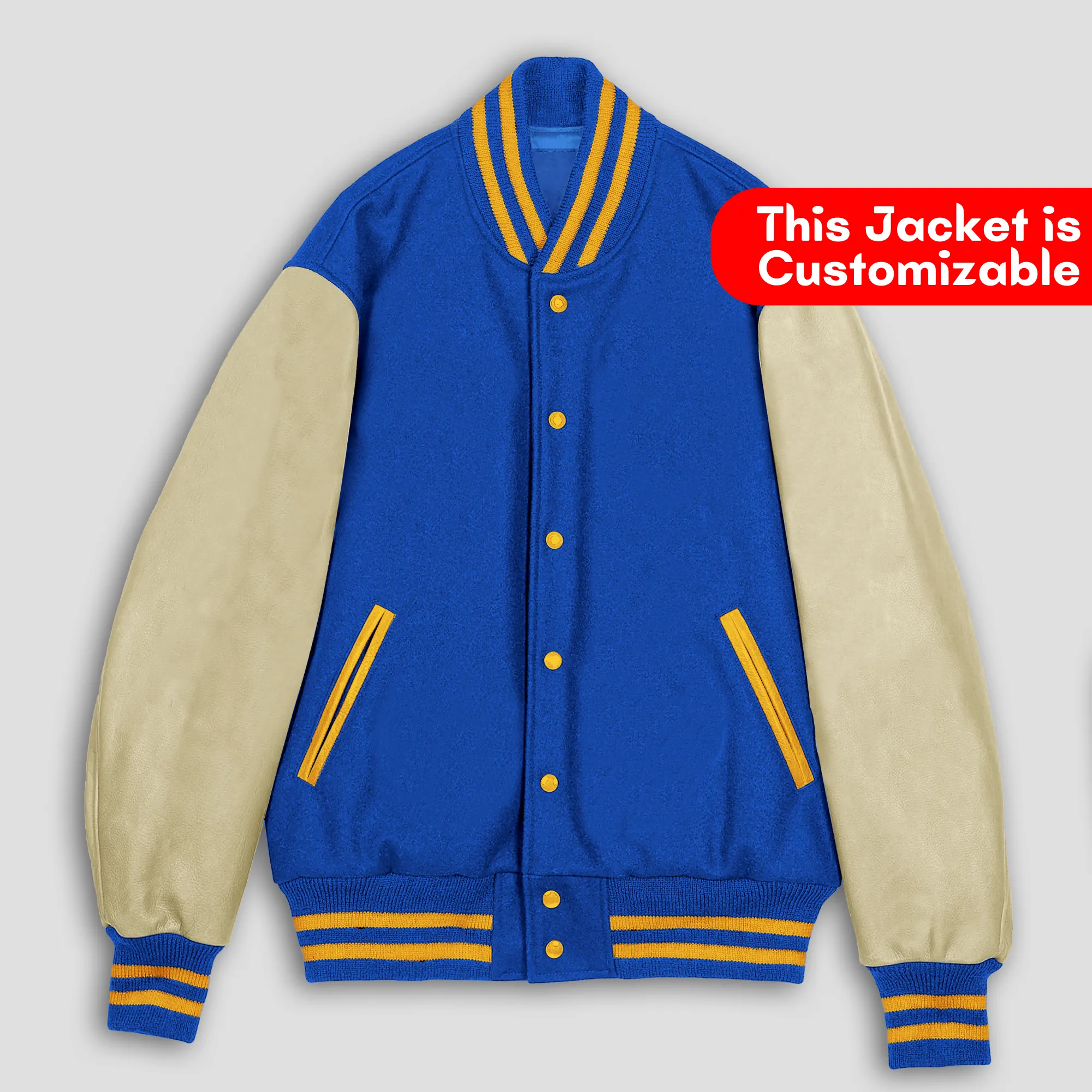 Royal Blue Body Cream Leather Sleeves Gold Yellow Stripes Varsity Jacket