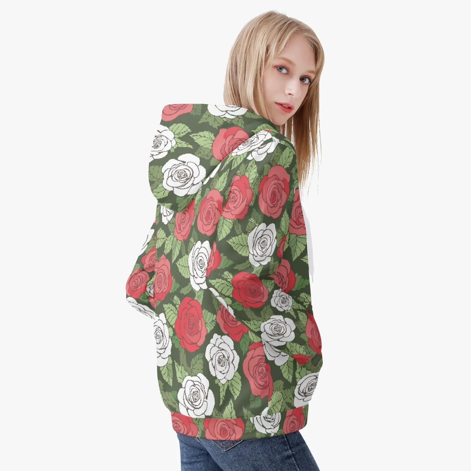 Veste à capuche zippée AOP pour femme "Verte, Roses rouges et blanches" (221)