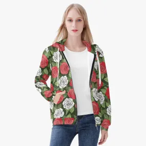 Veste à capuche zippée AOP pour femme "Verte, Roses rouges et blanches" (221)