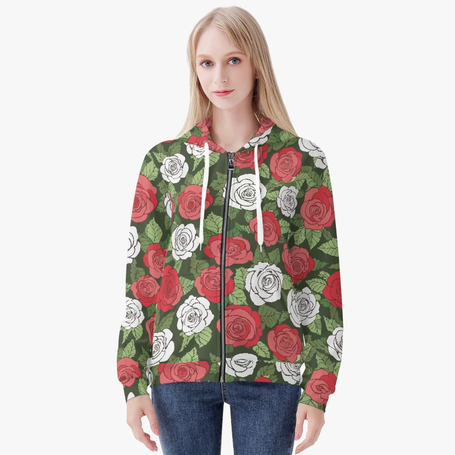 Veste à capuche zippée AOP pour femme "Verte, Roses rouges et blanches" (221)