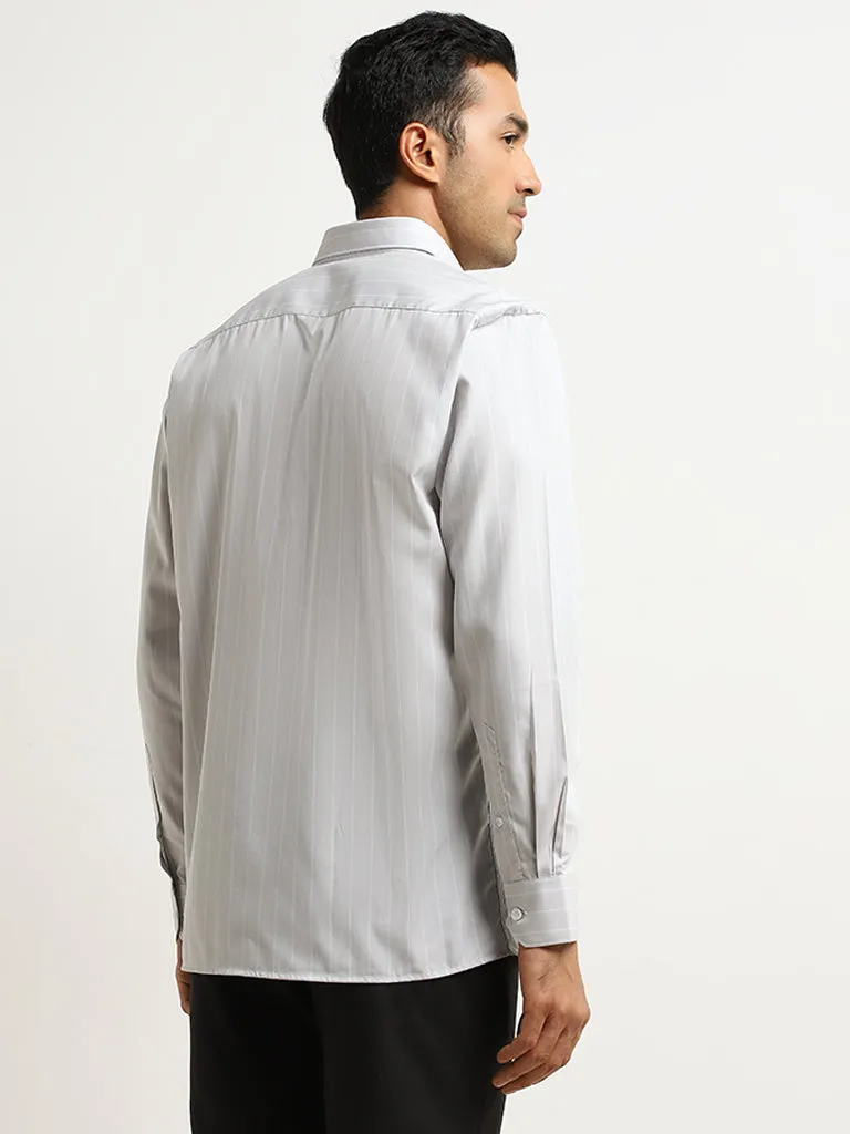 WES Formals Off-White Striped Slim-Fit Cotton Shirt