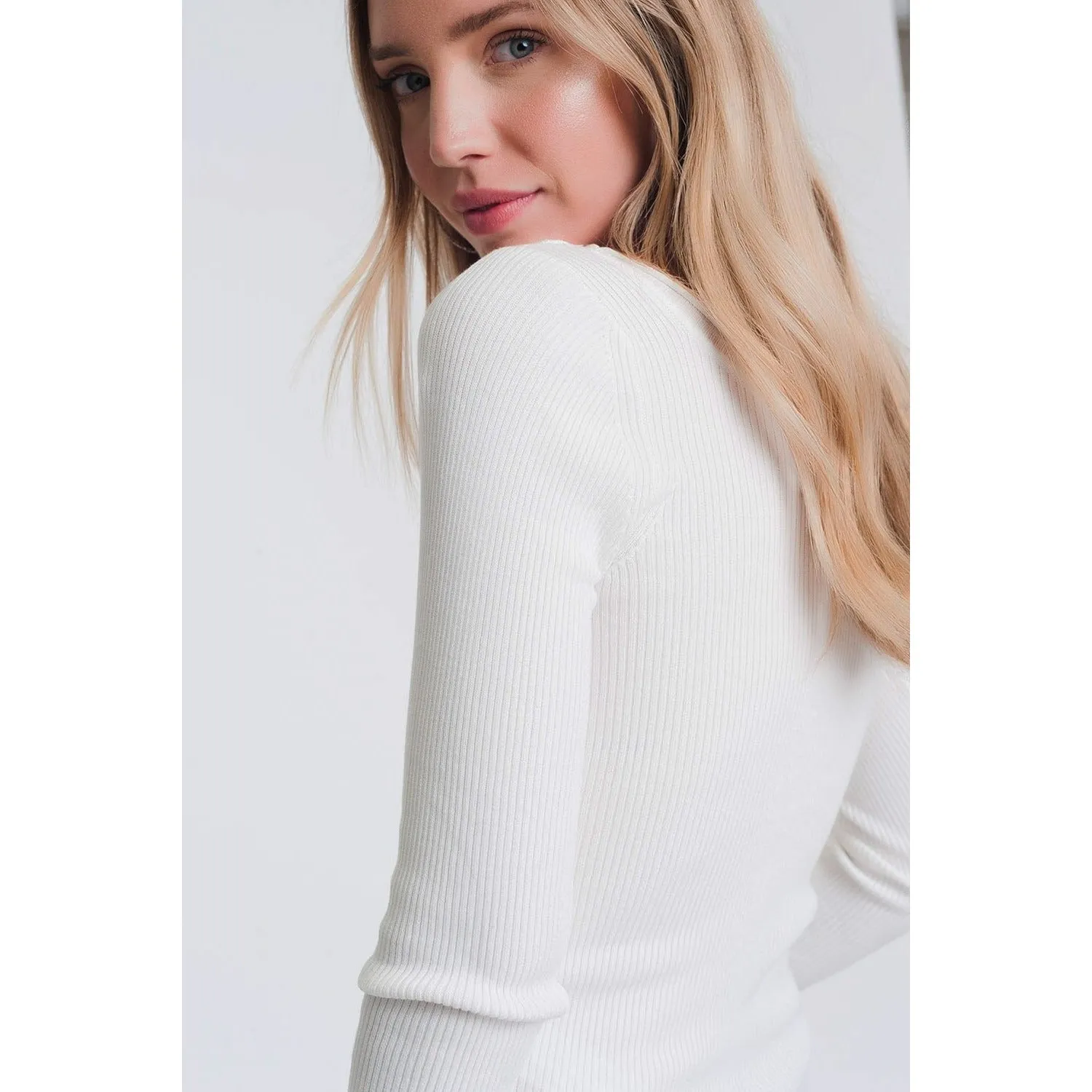 White Knitted Wide Neck Sweater