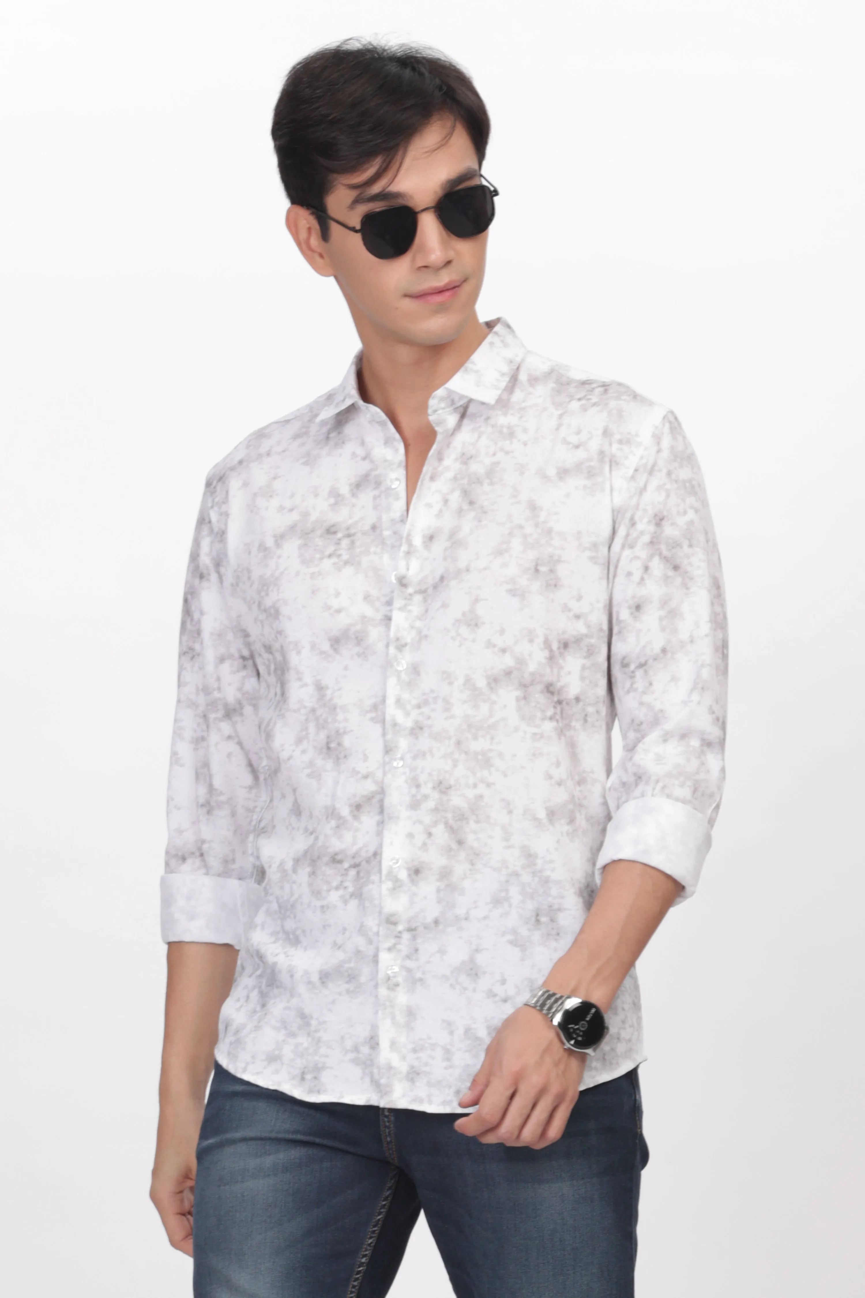 White Slim Fit Self Design Casual Shirt