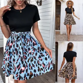 Women's Creative Printed Stitching Bow Dress Dresses