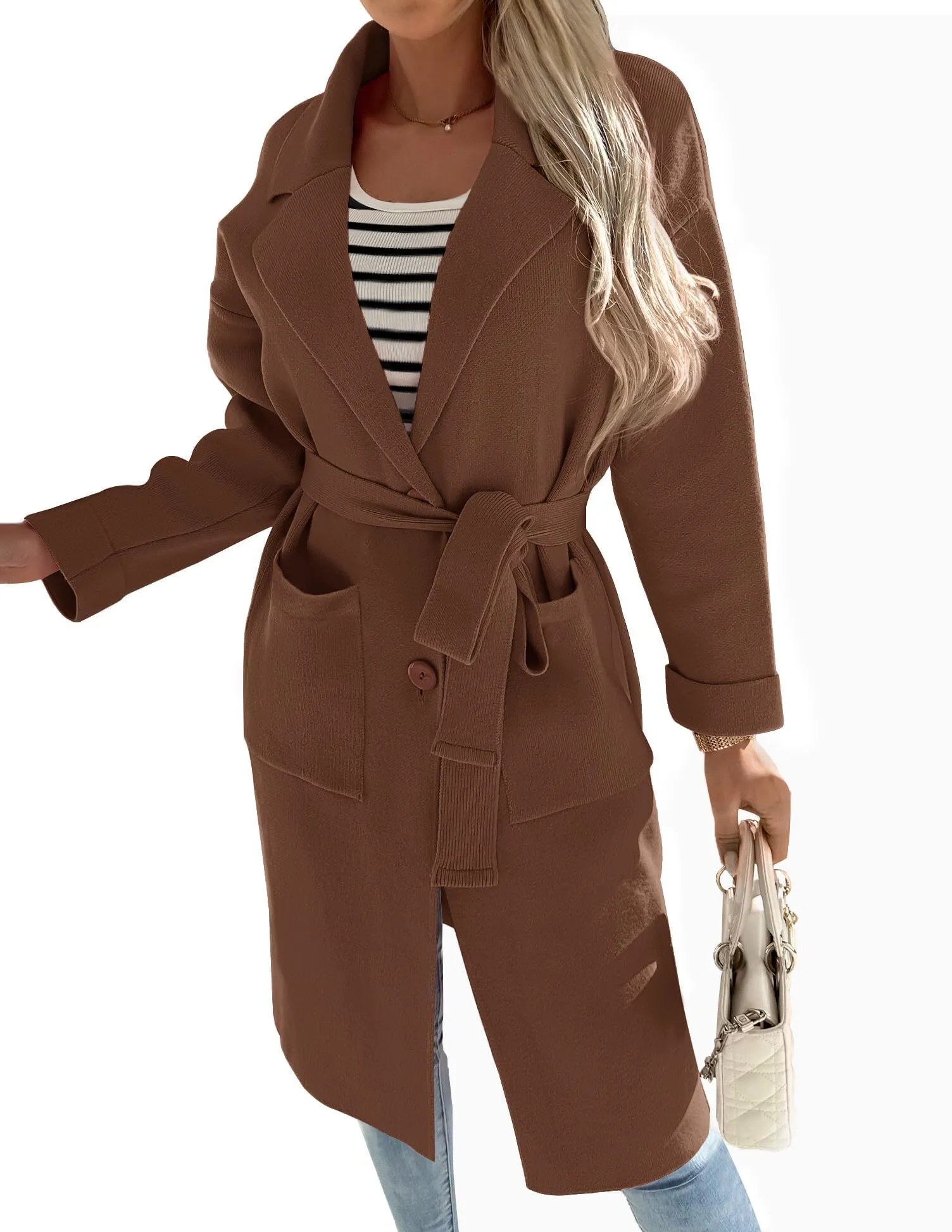 ZESICA Lapel Button Down Belted Open Front Knit Cardigan Coat